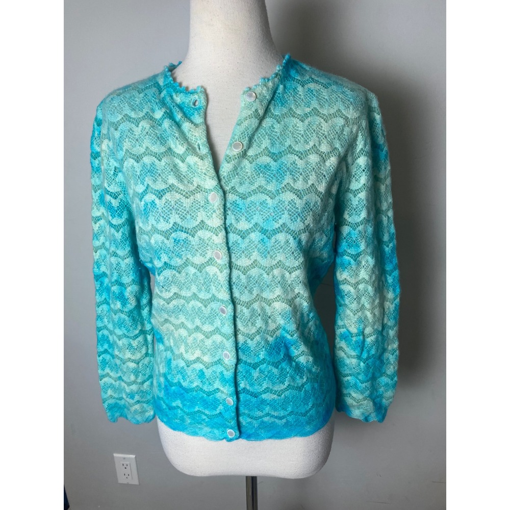 Vintage 60s Dalton 100% Virgin Cashmere Lace Knit Cardigan Turquoise Blue Ombre